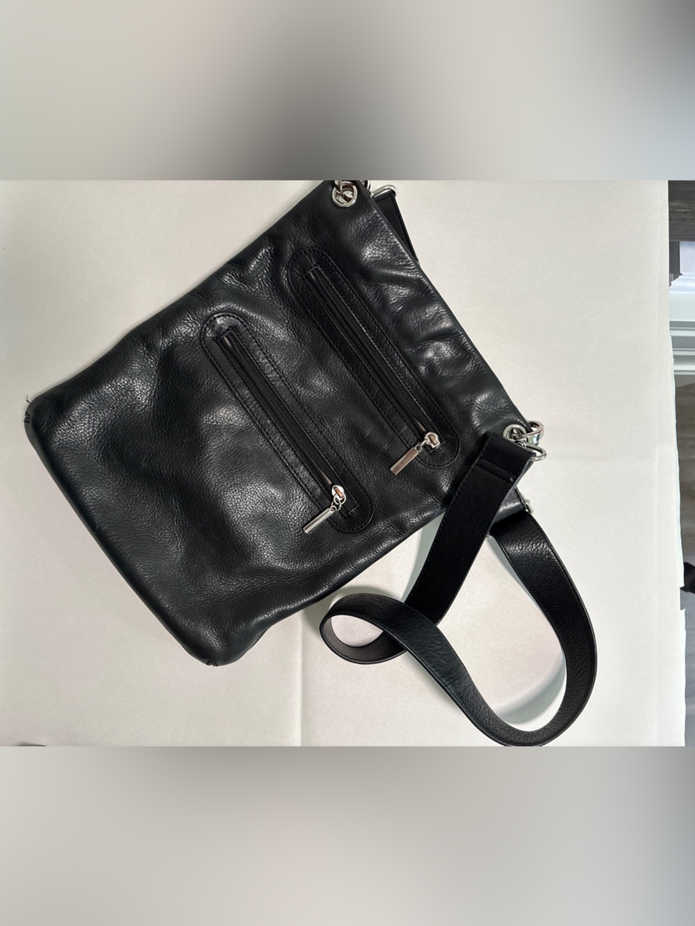 margot Black Pebbled Leather Shoulder Bag with Dual Front Zips